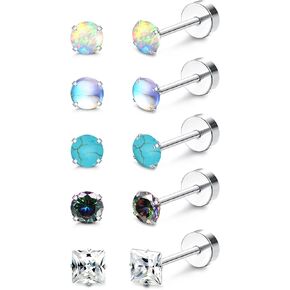 Milacolato 5Pairs Titanium Earrings for Women Men G23 Titanium Post Stud Earrings for Sensitive Ears Opal Pearl Turquoise Cubic Zirconia Screw Back Earrings Cartilage Piercing Studs 20G Flatback Stud Earrings