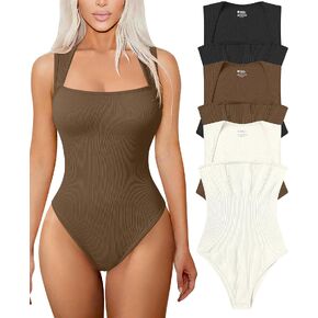 TOB Women's 3 Piece Bodysuits Sexy Ribbed Strappy Square Neck Sleeveless Shapewear Bodysuits