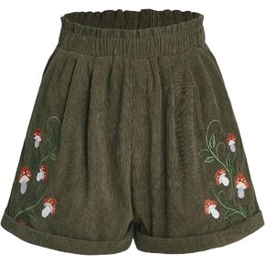 Cozyease Women's Plants Embroidery Corduroy Shorts Paperbag Waist Elastic Waist Straight Leg Casual Shorts