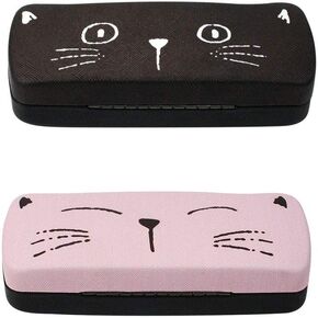 JAVOedge [2 PACK], Multi-Color Cute Cat Face Printed Hard Clamshell Eyeglass Storage Case with Microfiber Cloth