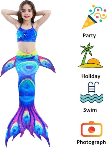 6 قطع من ملابس السباحة للفتيات من FUNPARTY ذات ذيل حورية البحر للسباحة، مجموعة ملابس السباحة بيكيني للأميرة in Kuwait