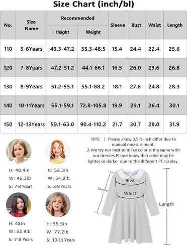 Arshiner Girls Long Sleeve Dress Casual Vintage Peter Pan Collar Swing Party Dress Age 3-14 Years in Saudi Arabia