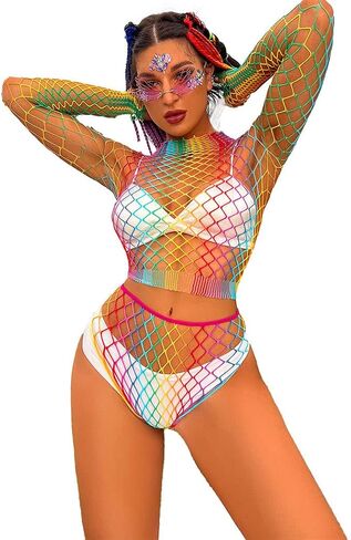 Eyret Rainbow Fishnet Bodystockings Mesh Fishnet Bodysuit Elastic Fishnet Lingerie Rave Party Bodysuit for Women and Girls in Kuwait