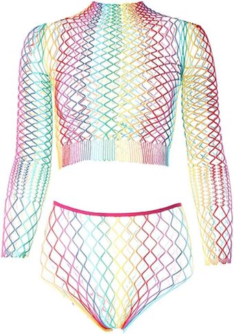 Eyret Rainbow Fishnet Bodystockings Mesh Fishnet Bodysuit Elastic Fishnet Lingerie Rave Party Bodysuit for Women and Girls in Kuwait