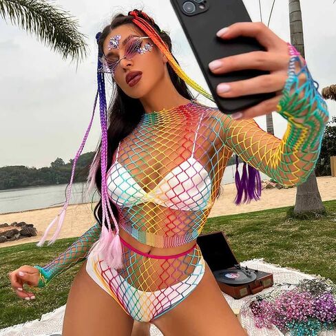 Eyret Rainbow Fishnet Bodystockings Mesh Fishnet Bodysuit Elastic Fishnet Lingerie Rave Party Bodysuit for Women and Girls in Kuwait