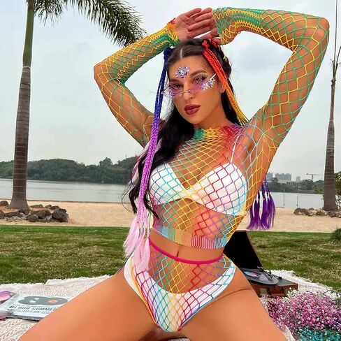 Eyret Rainbow Fishnet Bodystockings Mesh Fishnet Bodysuit Elastic Fishnet Lingerie Rave Party Bodysuit for Women and Girls in Kuwait