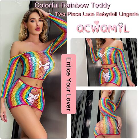 QCWQMYL طقم الملابس الداخلية النسائية المشاغب الدانتيل شبكة صيد السمك بيبي دول ارتداءها ملابس نوم تيدي 2 قطعة الدعاوى in Kuwait