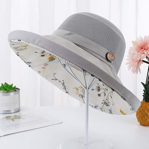 Women Mesh Sun Hats Summer Beach UV Protection UPF Packable Wide Brim Chin Strap in Kuwait