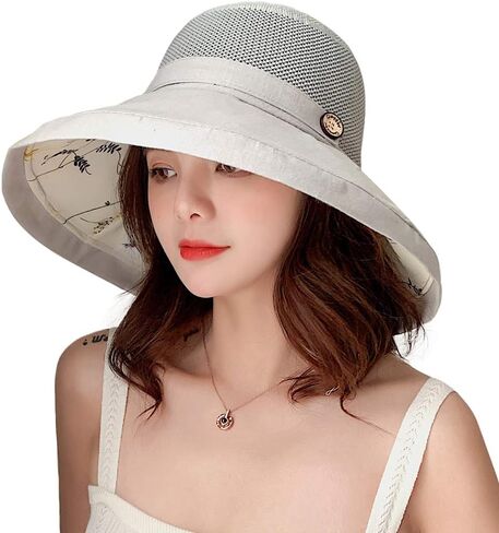 Women Mesh Sun Hats Summer Beach UV Protection UPF Packable Wide Brim Chin Strap in Kuwait