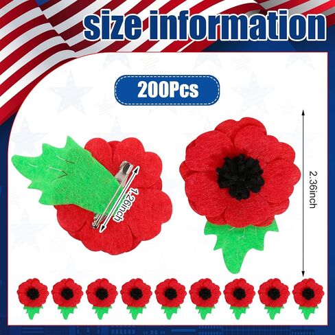 XunYee 200 Pcs Red Poppies Wool Felt Flower Brooch Pin Bulk Remembrance Day Flower Pin Handmade Lapel Memorial Day Pins for Men Women Veterans Solider Gift in Kuwait