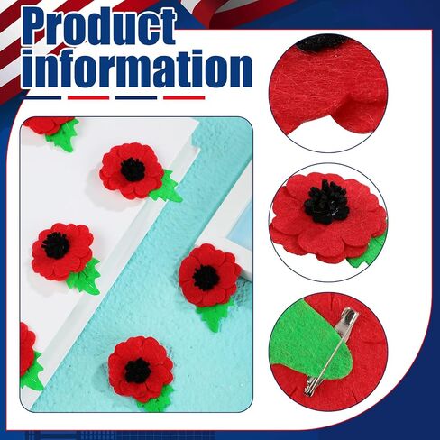 XunYee 200 Pcs Red Poppies Wool Felt Flower Brooch Pin Bulk Remembrance Day Flower Pin Handmade Lapel Memorial Day Pins for Men Women Veterans Solider Gift in Kuwait