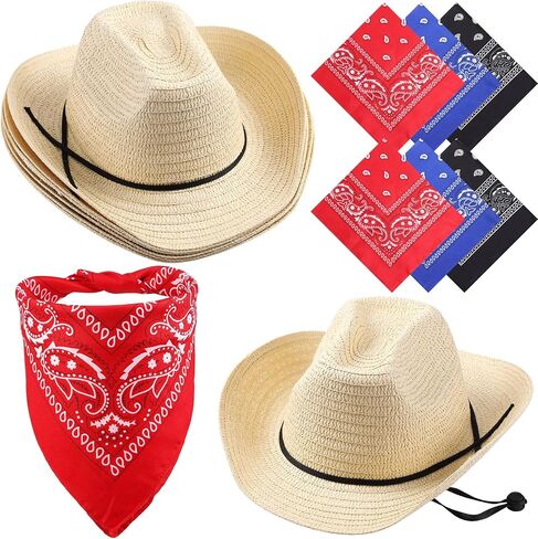 Unittype 6 Set Straw Cowboy Hats With Bandanas Set Cowboy Party Accessories Pack Classic Cowboy Hat Costume and Red Black Blue Bandanas for Western Birthday Cowboy Party Supplies() in Saudi Arabia
