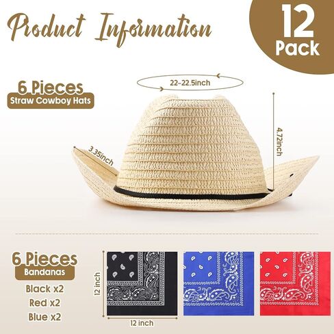Unittype 6 Set Straw Cowboy Hats With Bandanas Set Cowboy Party Accessories Pack Classic Cowboy Hat Costume and Red Black Blue Bandanas for Western Birthday Cowboy Party Supplies() in Saudi Arabia