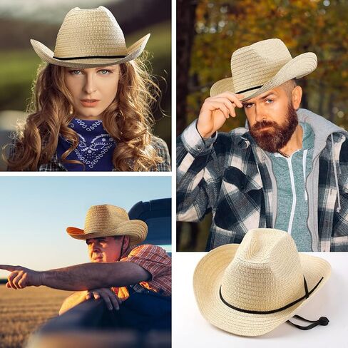 Unittype 6 Set Straw Cowboy Hats With Bandanas Set Cowboy Party Accessories Pack Classic Cowboy Hat Costume and Red Black Blue Bandanas for Western Birthday Cowboy Party Supplies() in Saudi Arabia