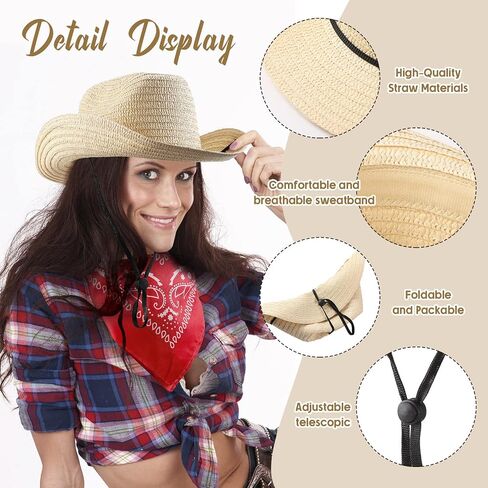 Unittype 6 Set Straw Cowboy Hats With Bandanas Set Cowboy Party Accessories Pack Classic Cowboy Hat Costume and Red Black Blue Bandanas for Western Birthday Cowboy Party Supplies() in Saudi Arabia