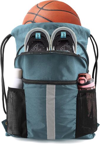 Drawstring Backpack Sports Gym Bag for Women Men Large Size With Two Zipper Pockets and Water Bottle Mesh Pockets in Kuwait