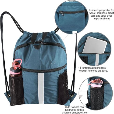 Drawstring Backpack Sports Gym Bag for Women Men Large Size With Two Zipper Pockets and Water Bottle Mesh Pockets in Kuwait