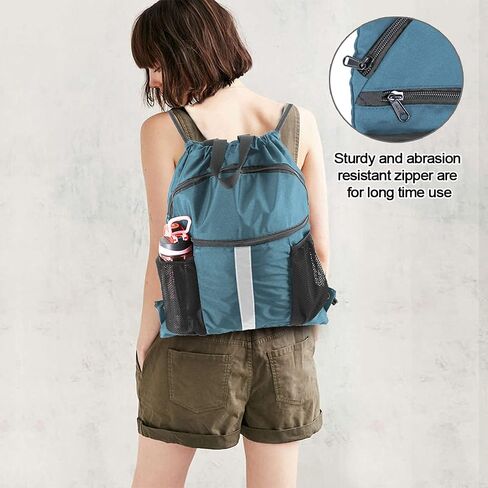Drawstring Backpack Sports Gym Bag for Women Men Large Size With Two Zipper Pockets and Water Bottle Mesh Pockets in Kuwait