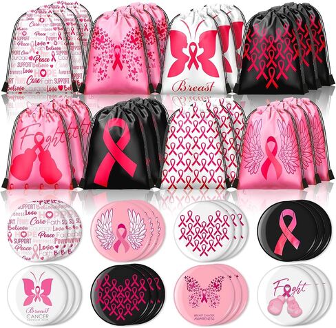 Sweetude 48 Pcs Breast Cancer Awareness Drawstring Bag and Pink Ribbon Buttons Badge Decorations, Breast Cancer Awareness Bulk Items Round Breast Cancer Badge Pin Drawstring Backpack for Women Girls in Kuwait