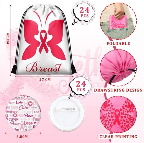 Sweetude 48 Pcs Breast Cancer Awareness Drawstring Bag and Pink Ribbon Buttons Badge Decorations, Breast Cancer Awareness Bulk Items Round Breast Cancer Badge Pin Drawstring Backpack for Women Girls in Kuwait