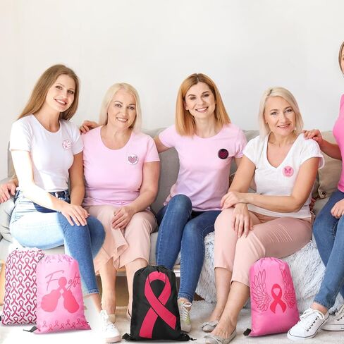 Sweetude 48 Pcs Breast Cancer Awareness Drawstring Bag and Pink Ribbon Buttons Badge Decorations, Breast Cancer Awareness Bulk Items Round Breast Cancer Badge Pin Drawstring Backpack for Women Girls in Kuwait