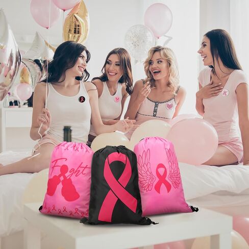 Sweetude 48 Pcs Breast Cancer Awareness Drawstring Bag and Pink Ribbon Buttons Badge Decorations, Breast Cancer Awareness Bulk Items Round Breast Cancer Badge Pin Drawstring Backpack for Women Girls in Kuwait