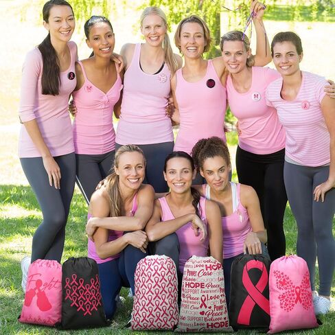 Sweetude 48 Pcs Breast Cancer Awareness Drawstring Bag and Pink Ribbon Buttons Badge Decorations, Breast Cancer Awareness Bulk Items Round Breast Cancer Badge Pin Drawstring Backpack for Women Girls in Kuwait