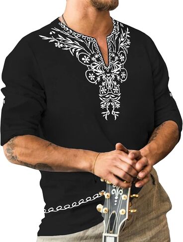 JoZorro قميص رجالي من البوليستر والكتان برقبة على شكل V وأكمام طويلة قفطان مصنوع يدويًا تي شيرت شاطئ كاجوال مطرز in Kuwait