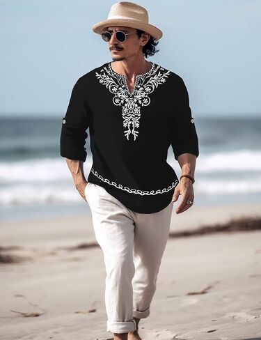 JoZorro قميص رجالي من البوليستر والكتان برقبة على شكل V وأكمام طويلة قفطان مصنوع يدويًا تي شيرت شاطئ كاجوال مطرز in Kuwait