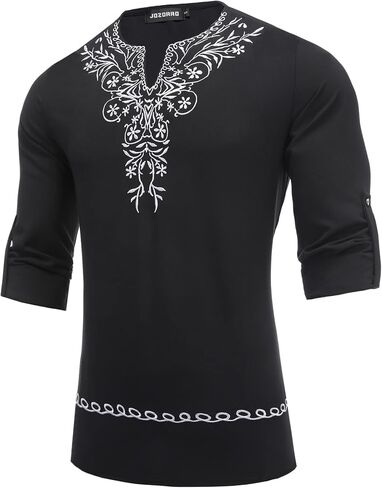 JoZorro قميص رجالي من البوليستر والكتان برقبة على شكل V وأكمام طويلة قفطان مصنوع يدويًا تي شيرت شاطئ كاجوال مطرز in Kuwait