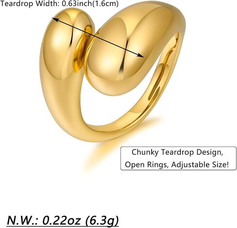WOWORAMA Chunky Open Rings for Women Gold Silver Adjustable Dome Teardrop Rings Bold Thick Statement Rings Simple Stackable Band Rings in Kuwait