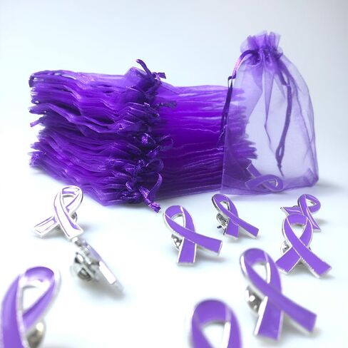 دبوس الشريط الأرجواني مع أكياس الأورجانزا دبابيس التوعية بالعنف المنزلي مرض الزهايمر سرطان البنكرياس الذئبة منتجات التوعية الملحقات in Kuwait