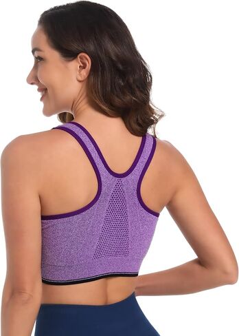 Fapreit Women's Zip Front Closure Sports Bra - Seamless Wirefree Post Surgery Padded Racerback Workout Gym Yoga Bras in Kuwait