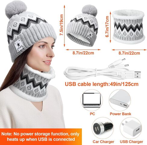 USB Heated Hat Scarf Set Winter Knitted Beanie Hats Touch Screen Gloves Ear Muffs Warm Gloves Neck Warmer for Women Men, Gray in Saudi Arabia