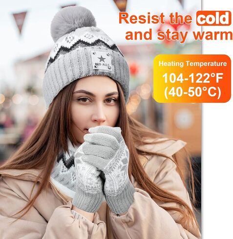 USB Heated Hat Scarf Set Winter Knitted Beanie Hats Touch Screen Gloves Ear Muffs Warm Gloves Neck Warmer for Women Men, Gray in Saudi Arabia