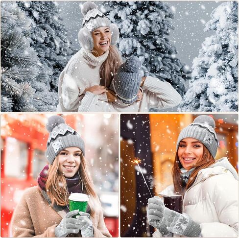 USB Heated Hat Scarf Set Winter Knitted Beanie Hats Touch Screen Gloves Ear Muffs Warm Gloves Neck Warmer for Women Men, Gray in Saudi Arabia