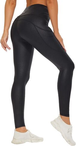 KYRIAD Matte Faux Leather Leggings for Women Full Length High Waisted Tummy Control Workout Running Pants with Pockets in Kuwait