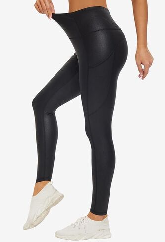 KYRIAD Matte Faux Leather Leggings for Women Full Length High Waisted Tummy Control Workout Running Pants with Pockets in Kuwait