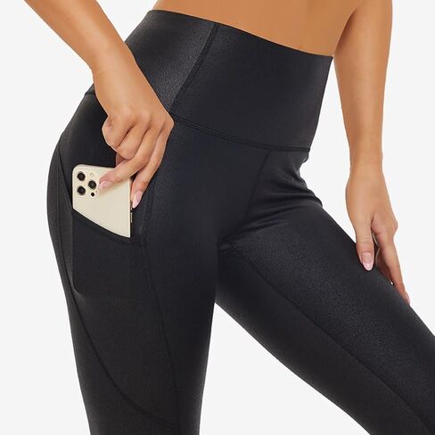 KYRIAD Matte Faux Leather Leggings for Women Full Length High Waisted Tummy Control Workout Running Pants with Pockets in Kuwait