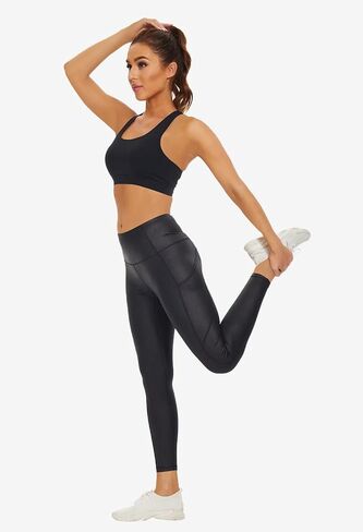 KYRIAD Matte Faux Leather Leggings for Women Full Length High Waisted Tummy Control Workout Running Pants with Pockets in Kuwait