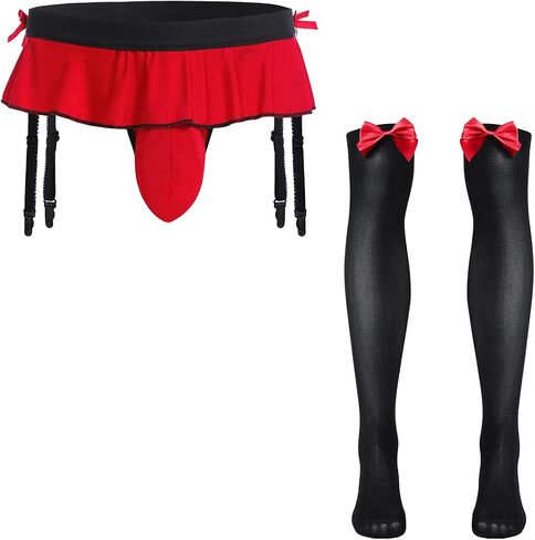 ABAFIP Men's Sissy Skirted Thong Panties Bowknot Low Rise G-string Bikini Briefs Underwear with 4 Gaters Belt in Saudi Arabia