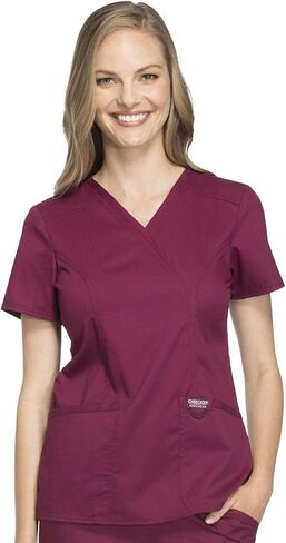 Cherokee Women Scrubs Set Workwear Revolution WW610 Mock Wrap Top & WW110 Mid Rise Straight Leg Pull-on Pant, Wine- S Top/S Pant in Saudi Arabia