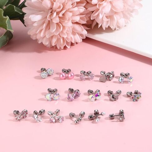 Jstyle 16 Pairs Screw Back Earrings Stud for Girls Women Surgiacl Steel 20G Tiny Cartilage Stud Earrings CZ Heart Flower Star Ball Screwback Flat Back Stud Earrings Set Multicolored in Kuwait