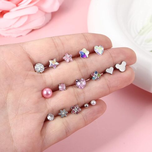 Jstyle 16 Pairs Screw Back Earrings Stud for Girls Women Surgiacl Steel 20G Tiny Cartilage Stud Earrings CZ Heart Flower Star Ball Screwback Flat Back Stud Earrings Set Multicolored in Kuwait