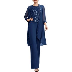 Women's 3 Pieces Mother of The Bride Pant Suits with Lace Appliques Formal Outfit Dressy Elegant Sets