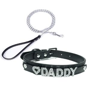 مجموعة ياقة جلدية فاخرة من Una وسلسلة جر Daddy Dom DDLGABDL Leather، Q2021، 13 بوصة (33 سم) إلى 16.6 بوصة (43 سم)، أسود