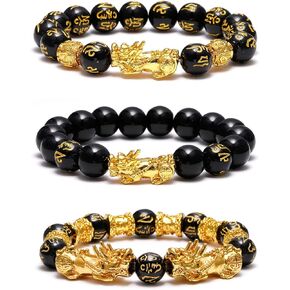 SOOWOOT 3Pcs Feng Shui Black Obsidian Bracelets Set - Good Luck Amulet Dragon Lucky Charm Bracelets Pi Xiu Pi Yao Attract Lucky Wealthy bracelets for women men