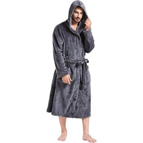 FashGudim Mens Hooded Robe Plush Shawl Collar Kimono Bathrobe Soft Warm Flannel Fleece Spa Robes House Coat Pajamas