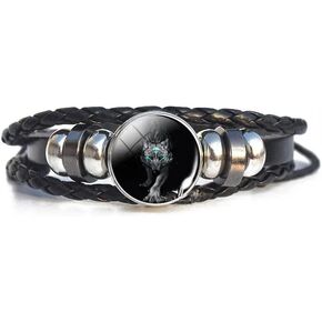 Wolf Leather Bracelet Jewelry For Men Women Girls Boys Wolf Glass Cabochon, Wolf Charm Multilayer Adjustable Chain Cuff Wrap Bracelet, Braided Leather Bracelet Glass Hologram in Saudi Arabia