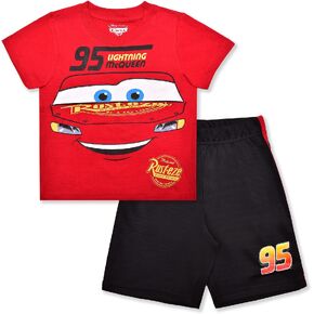طقم تي شيرت وسروال قصير الأكمام للأولاد من Disney Cars Lightning McQueen للأطفال الصغار والكبار - أسود/أحمر